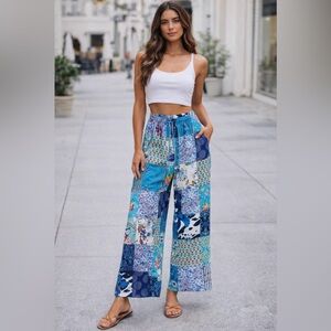 Rahab's Rope Colorful Cotton Patchwork Wide-Leg Baggy Pants Bohemian Summer